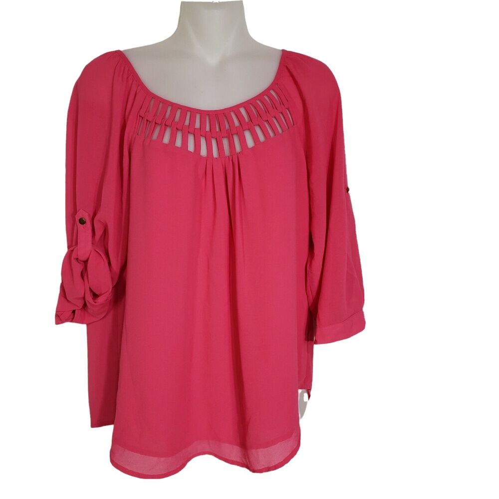 My Michelle Top Womens Medium Pink Cut Out Neck 3/4 Tab Sleeves Lined Sheer